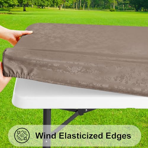 Image of Smiry Heavy Duty Vinyl Fitted Tablecloths for 4 Foot Rectangle Tables | Elastic Waterproof Fitted Tablecloths, Wipeable Washable Table Cover for Kitchen, Dining, Camping (Taupe, 30 inch x 48 inch)