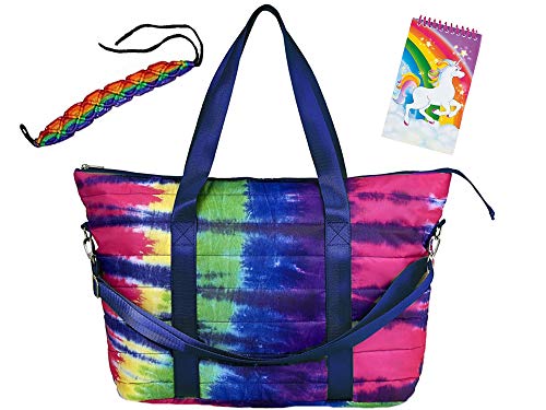 Top Trenz Tie Dye Puffer Tote Weekender bag, Notepad and Bracelet Bundle Set