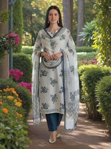 Image of Eddika Women's Bagru Hand Block Printed Pure Cotton Unstitched Suit Material with Kota Doria Dupatta | Traditional Ethnic Dress Material for Kurta, Salwar & Palazzo Set
