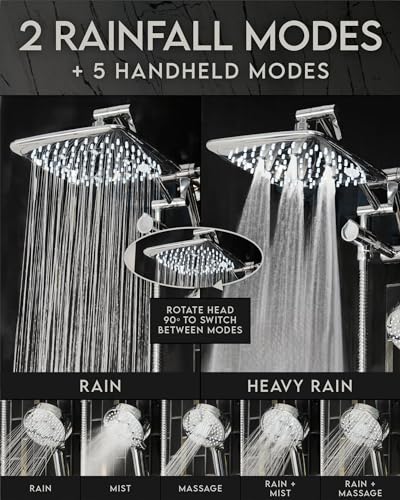 Image of Veken High Pressure Rain Shower Head Combo with Extension Arm - Easy to Install, Adjustable Dual Showerhead with 3 Spray Modes & Anti-Clog Nozzles - Chrome