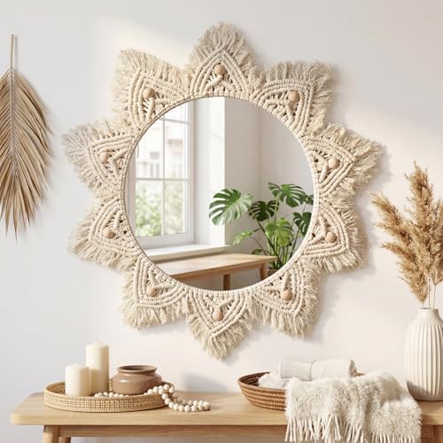 Tellegloww 24" Boho Mirror Wall Decor Macrame Hanging Round Mirror with Wooden Beads Large Circle Sunburst Wall Decor for Bedroom Living Room Nursery Apartment Entryway Home Gift, Beige
