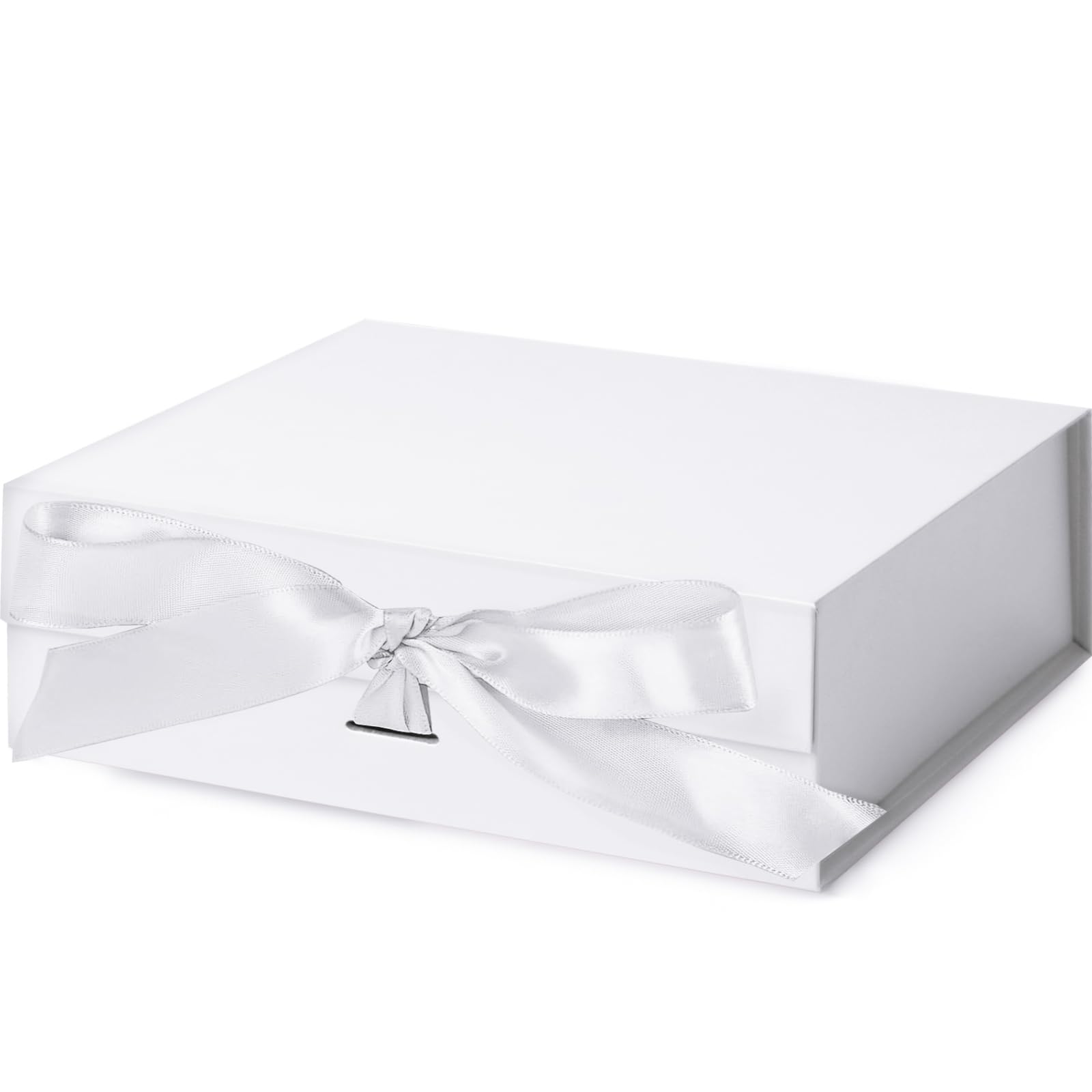 JOHOUSE White Gift Boxes, 10.5x7.5x3.1 inches Magnetic Closure Collapsible Gift Box with Ribbon Card Envelope White for Wedding Presents Birthday Party Bridesmaid Proposal Gifts