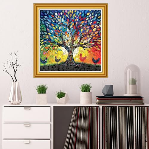 Image of Dooxvey Counted Cross Stitch Kits for Adults 11CT Printed Cross-Stitch Patterns Cross Stitching Embroidery Kit Stamped or Counted Needlepoint Kits-Rooster Under Colorful Tree 18x18 inch