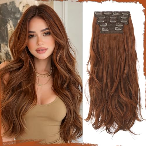 Sofeiyan Clip in Hair Extensions Medium Auburn Hair Extensions 20 Inch Long Loose Wavy Clip in for Women 5PCs Invisible Lace Weft Thick Soft Natural Synthetic Clip in Extensions Hairpieces