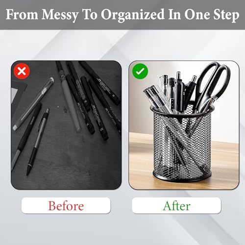Image of GLUN Round Black Mesh Metal Desk Pen Stands 10 Piece, Pencil and Other Stationery Organiser Holder, Use at Office, School and Home