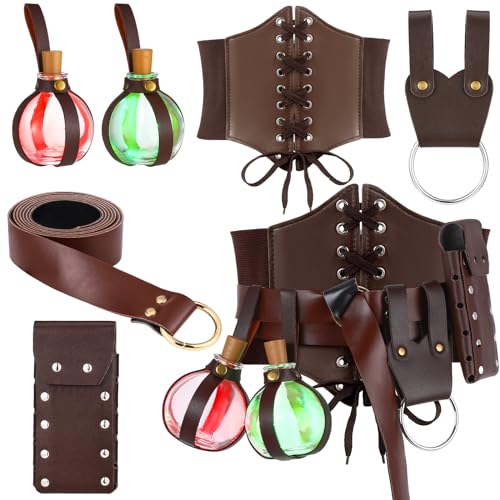 Ramede Halloween Cosplay Accessories Leather Ring Belt Witch Wizard Waist Corset Cork Potion Bottle Medieval Pouch(Brown)