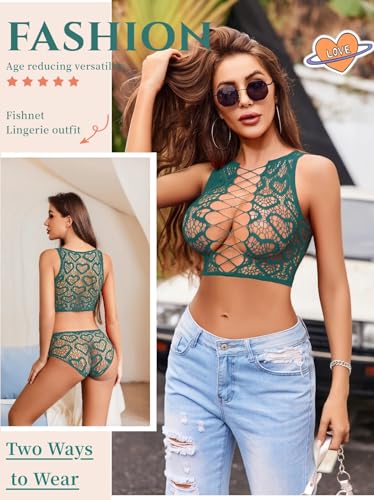 Image of Avidlove Womens Fishnet Lingerie Set Sexy Two Piece Lingeries Hollow Out Stripper Outfit Heart Print Mesh Crop Tops