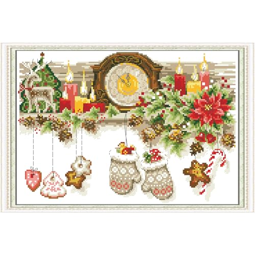Image of Howie's Needlepoint Cross Stitch Kits, 14CT Pre-Printed Pattern Embroidery Set Needlework, Full Range of Stamped Starter Kits(Christmas-Shelf, 14.17 x 10.63 inch)