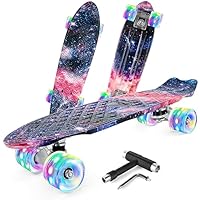 BELEEV 22 inch Skateboards for Kids, Cruiser Skateboard for Beginners Girls Boys Teens Adults, Mini Skateboards Classic Complete Skate Board with Skate T-Tool, Max Load 220 LBS (Purple Nebula)