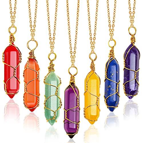 7 Pcs Hexagonal Pointed Quartz Natural Healing Crystal Pendant Necklace, Wire Wrapped Hexagonal Crystal Pendant Necklace with Storage Box for Women Girls(Assorted Color Pendant with Gold Chain)
