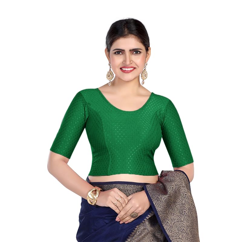 Image of FINESTFIT Round Neck Stretchable Elbow Sleeve Readymade Saree Blouse for Women, 100% Cotton Dobby Fabric