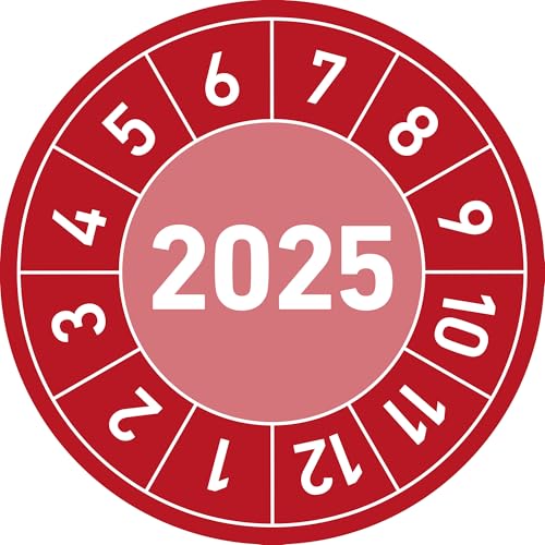 Prüfplakette 2025 – Rot – 30mm Ø (500 Stück) – Wartung & Sicherheitsprüfung – Jahresprüfplaketten für Betriebsmittel & Maschinen