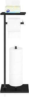 OYEAL Black Toilet Paper Holder Stand Free Standing Toilet Paper Holder with Shelf Toilet Paper Storage Holder with Reserve for Bathroom Holds Wipe, Mobile Phone, Mega Rolls