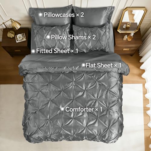 Image of BEDELITE Satin Comforter Set Queen Size, 7 Pieces Pintuck Bed in A Bag with Comforter, Flat Sheet, Fitted Sheet, Pillowcases, Shams, Soft Similar to Silk Bed Set for All Seasons (Dark Grey)