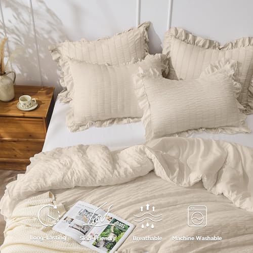 JOLLYVOGUE Beige Twin Size Comforter Set, 2 Pieces Seersucker Lightweight Fluffy Bedding Set, Twin Ruffle Comforter, All Season Soft Microfiber Shabby Chic Bed Set