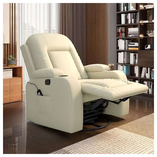 Poltrona do Papai Reclinável Massagem e Aquecimento Giratório Balanço 2 Porta Copos Gambon PU Bege G31 - Gran Belo