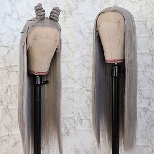 Grey Wig Long Straight Lace Front Wig Synthetic Middle Parting Wig Heat Resistant Gray Wig Natural Looking Wigs for Women Daily Party Use
