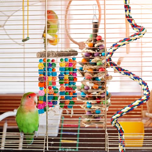 Image of Seenelling 6 Pcs Extra Large Bird Toys for Parrots, Mixed | Multicolored Natural Wooden Blocks & Beads Bells, Bird Cage Chewing Toys for Large Medium Macaws African Grey Cockatoos