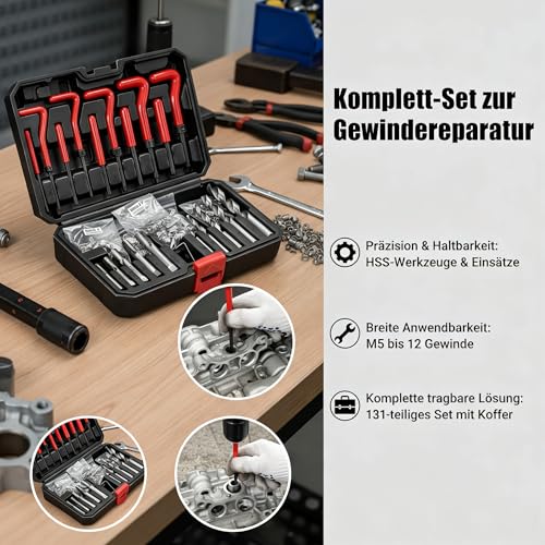 Fuutilake Helicoil Gewindereparatur Set 131-teilig HSS – Komplettset für M5, M6, M8, M10, M12 mit Spiralbohrern, T-Griffen & Metallbox | Für Auto, Motorblock, Getriebe & Maschinenreparatur