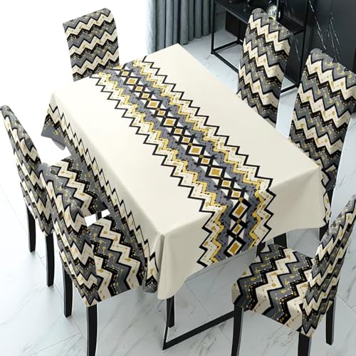 Image of Styleys Dining Table Cover 6 Seater Waterproof with Chair Covers | Table Cover Cloth | Dining Table Cover Clothe Combo - 1 Table Cover + 6 Chair Cover, Chevron Pattern, XKFSZB-23