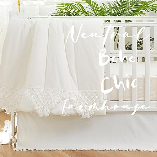 Image of Brandream Boho Bohemian Girl Boy Baby Nursery Crib Bed Skirt Dust Ruffle - Neutral Solid Color Cream Off White Farmhouse Chic 100% Washed Cotton Minimalist Tassel Fringe Macrame