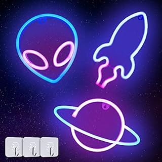 Neon lights Sign, 3Pcs Rocket Planet Alien Led Neon Sign Powered by Battery or USB, Wall Hanging Decor Led Light Home Decorations Art Neon Signs for Bedroom, Game Room, Bar, Party, Kids Room