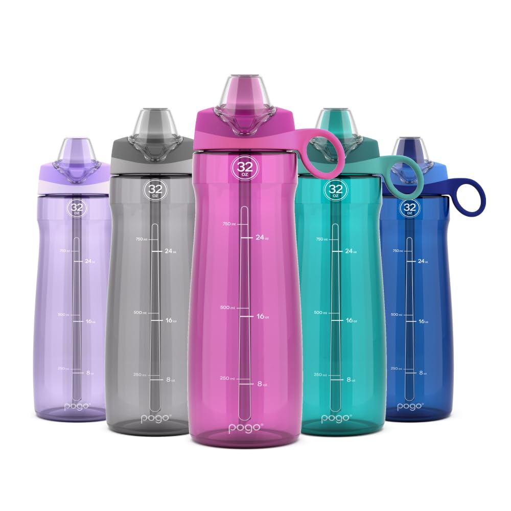 Pogo Plastic Water Bottle with Straw Lid and Carry Handle, Reusable, BPA Free, Dishwasher Safe, Perfect for Travel, School, Outdoors, and Gym | 32oz, 40oz