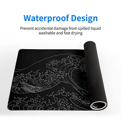 Japanese Sea Wave Large Mouse Pad, Anime Black Gaming Mouse Pad Extended Kanagawa Mouse Mat Desk Pad, 3Mm Thick Long Non-Slip Rubber Base Mice Pad, 31.5 X 11.8 Inch #TOP4