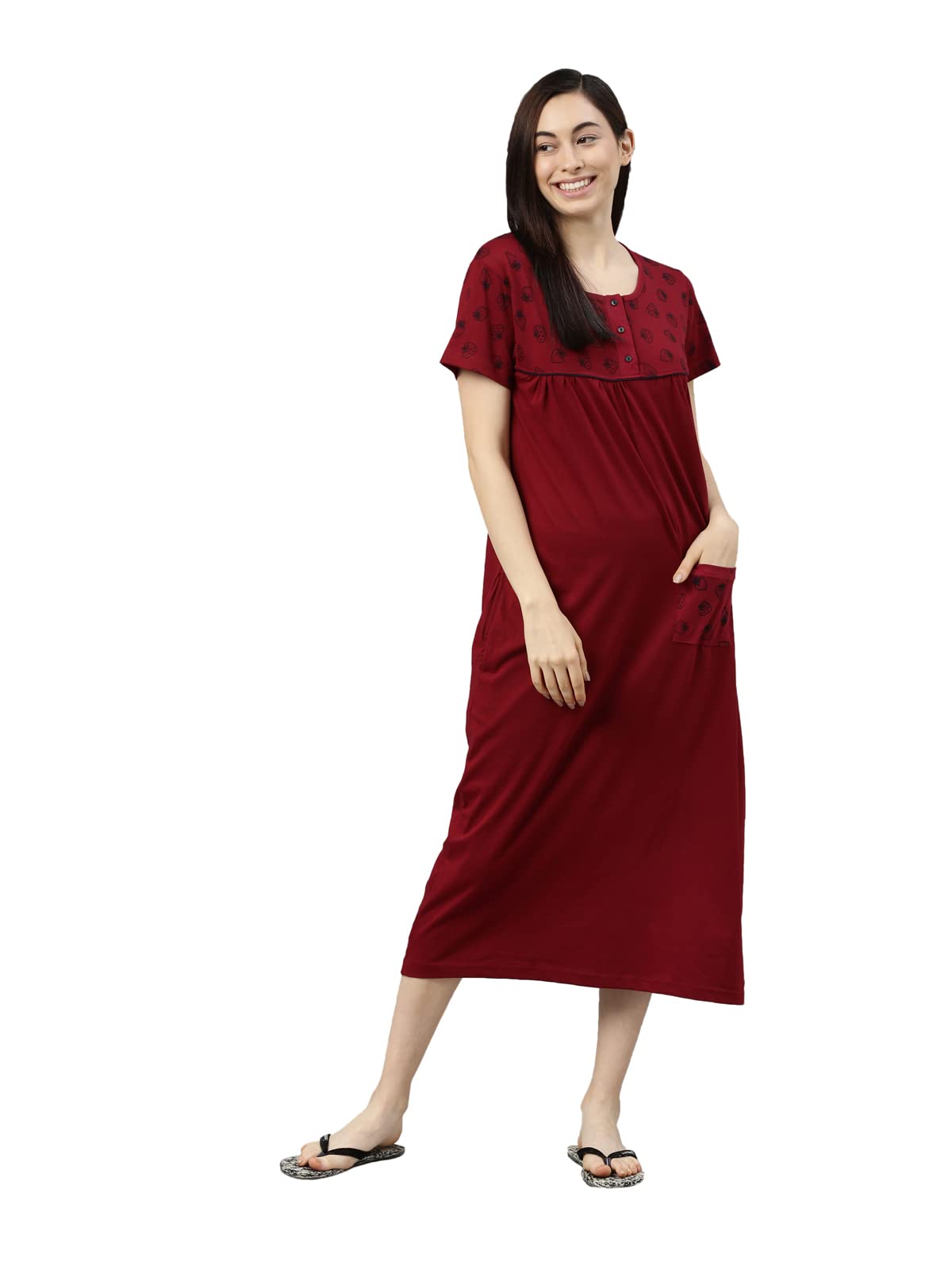 KRYPTIC Womens Maroon Printed Pure Cotton Maxi Nightdress(Maroon_2-L) - Image 6 thumbnail