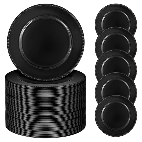 50 Pcs Black Charger Plates Bulk, 13" Round Beaded Plate Chargers for Dinner Plates, Decorative Dinner Chargers Plastic Table Chargers for Wedding Holiday Party Baby Shower Event Decoration (Black)
