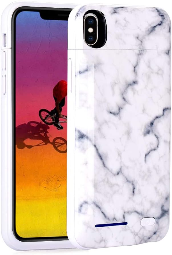 iPhone Xs Case (2018) / iPhone X Case (2017) Battery Case, Marble Series - 5000mAh Ultra Slim Extended Battery Backup Charging Case Charger Pack Power Bank - White