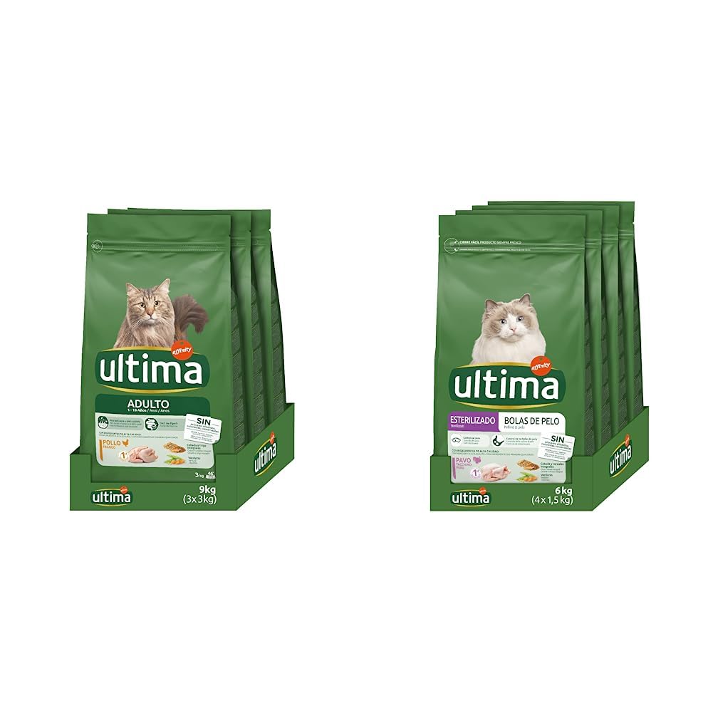 Ultima Pienso para Gatos Adultos con Pollo - 3 x 3kg: Total 9kg & Pienso para Gatos Esterilizados para Prevenir Bolas De Pelo con Pavo - 4 x 1.5 kg