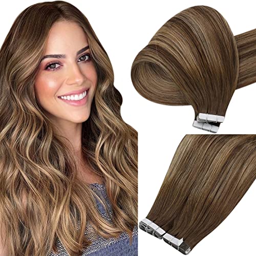 Sunny Tape in Hair Extensions Real Human Hair Brown Ombre Hair Extensions Tape ins Double Side Tape in Natural Hair Extensions Straight Tape in Brown Human Hair Extensions 50g 2.5g/pcs 18in