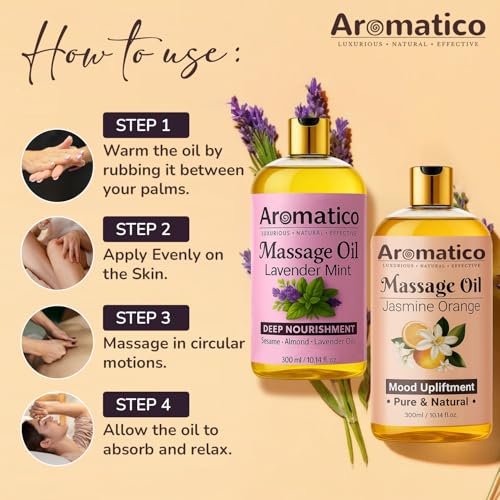 Image of AROMATICO - Lavender Mint & Jasmine Orange Massage Oils Pack of 2. For Mood Upliftment, Muscle Relaxation & Skin Nourishment, 100% Natural, Non-Sticky 300ml Pack of 2