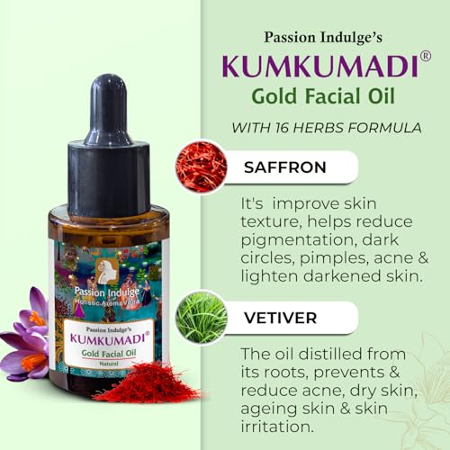 Image of Passion Indulge Kumkumadi Tailam Face Oil for Glowing Skin 30ml | Dark Spot Corrector & Brightening Serum | Kumkumadi Tailam with Saffron & 16 Ayurvedic Herbs | Reduces Pigmentation, Blemishes & Dull Skin Face Serum