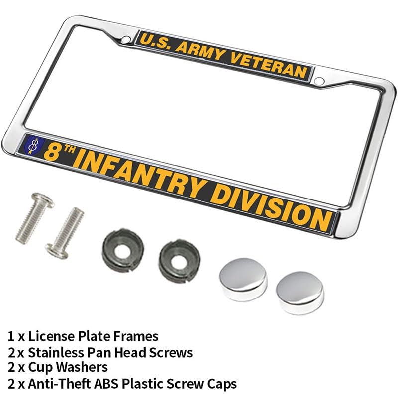 Image of US Army Veteran 8th Infantry Division License Plate Frame Metal Holder | US Army Veteran 8th Infantry Division License Plate Frame Heavy Duty Metal Tag Holder Cover Fit Standard US Auto Accessories