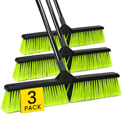 3 PK 24 Push Broom Outdoor Heavy Duty Broom with 63 Long Handle Shop Garage Broom with Stiff Bristle for Indoor Outdoor Floor Cleaning Garden Patio Deck Warehouse Lawn Driveway Scrubbing