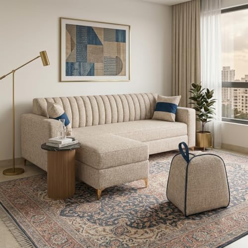Image of FURNY Signature Regalia 4-Seater L-Shape Sofa Set with Movable Ottoman & Suri Pouf | Flexible LHS /RHS Layout | Boucle Weave Fabric | 40D Foam + Zigzag Spring | 3-Yr Warranty (Sandstone Beige)