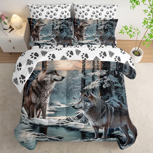 AILONEN Snow Wolf Comforter Set Full Size,7-Piece Soft Bed in a Bag,Snowfield Forest Animals Printed Comforter & Fitted Sheet & Flat Sheet & 2 Pillowcases,2 Pillow Shams for Kids Boys Adults