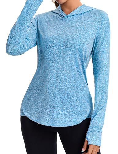 Gyabnw Sportshirt Damen Langarm Hoodie mit Daumenlöchern und Reflektierenden Streifen auf der Rückseite Sonnenschutz für Fitnessstudio