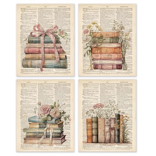 BESERH Retro Bookish Wall Decor, Vintage Book Wall Art Prints, Preppy Bow Floral Dictionary Book...