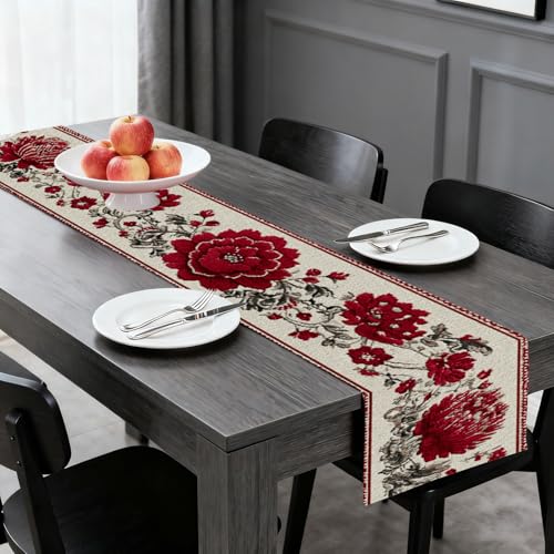 Image of Nuxovilar Red Peony Table Runner Flax 13x72 in | Holiday Runner Flax Placemats Dining Accessories Set Cultural Dinner Event Room Area (Red Peony Floral)