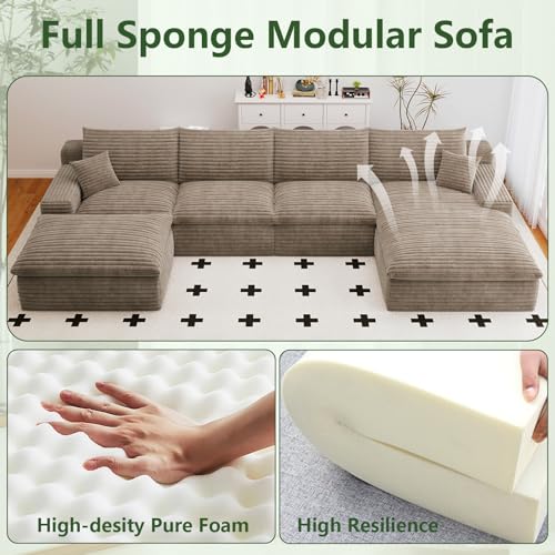 Image of 136 inch Cloud Couch Modular Sectional Sofa for Living Room, U-Shape Boneless Couch with Deep Seat, Modern Corduroy 4-Seater with Ottoman, No Assembly Required (Camel,Right-Facing Chaise)