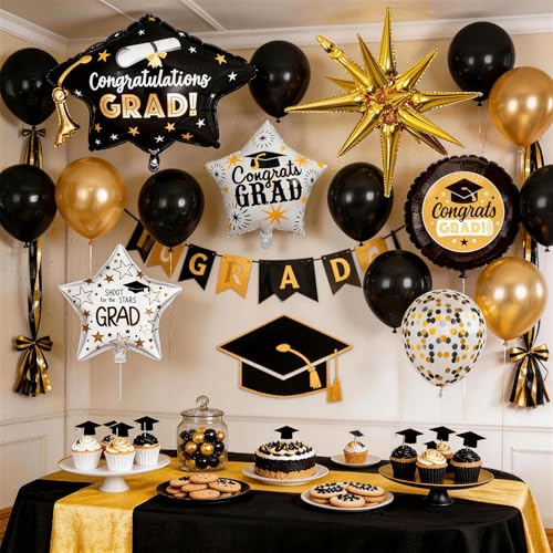 Image of Graduation Decorations Balloons for Class of 2026 Black Gold Confetti Latex Balloons 32pcs Helium Round Congrats Grad Explosion Star Foil Balloon Grad Hat Balloon College High School Grad Party Decor