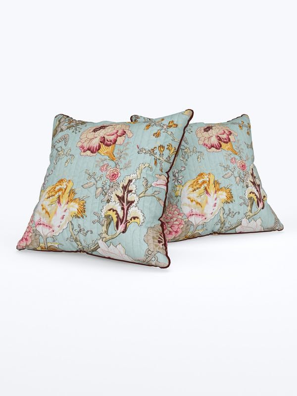 Image of Pure Cotton Quilted Cushion Cover 16x16 Inch | Anokhi Print Decorative Throw Pillow Cover | Soft Cotton Sofa Cushion Cover with Hidden Zipper | Living Room Bedroom Home Decor
