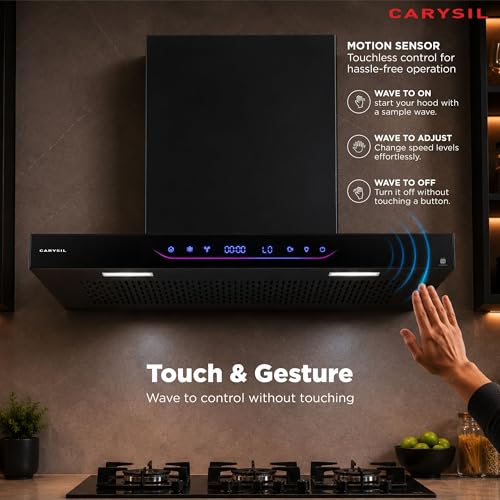 Image of Carysil AeroSync SilentX 90 cm BLDC Motor Kitchen Chimney, T-Shape, 1800 m /hr Suction, Auto-Clean Filterless, 9+ Turbo & Gesture Control, LED Lamp, 12-Year Warranty - Black