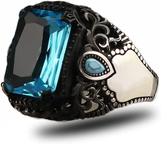 BayVog 925 Sterling Silver Aquamarine Stone Men Silver Ring, Handmade Blue Aquamarine Stone Men's Silver Ring, Vintage Men Ring, Turkish Ottoman Men Ring, Gift for him, Mens Ring, Gift for Men