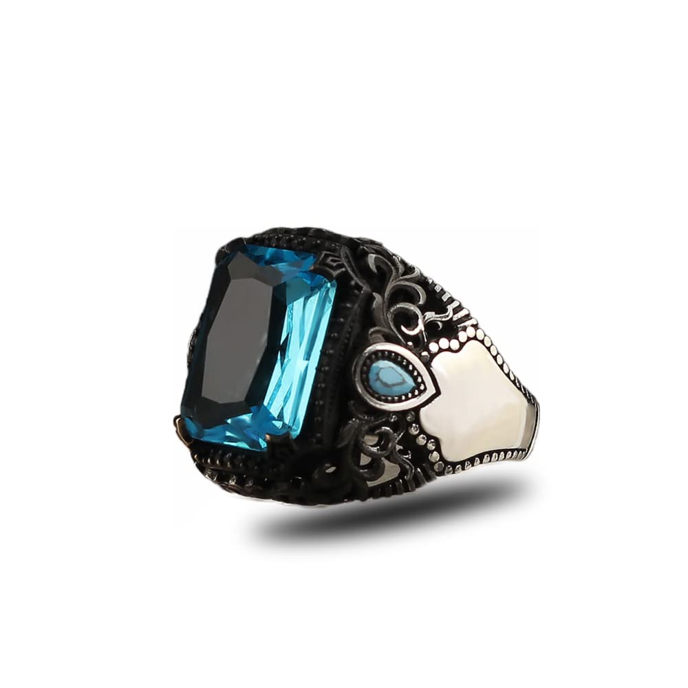 925 Sterling Silver Aquamarine Stone Men Silver Ring, Handmade Blue Aquamarine Stone Men's Silver Ring, Vintage Men Ring, Turkish Ottoman Men Ring, Gift for him, Mens Ring, Gift for Men