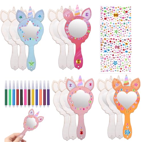 DIY Holzspiegel Handwerk 28 Stück, Bastelset Kindergeburtstag mit 12 Holzspiegel zum Bemalen Kinder, 12 Farbstifte, 4 Strass Aufkleber, Holz Basteln Kinder für Mädchen/Jungen DIY Geburtstag Handwerk