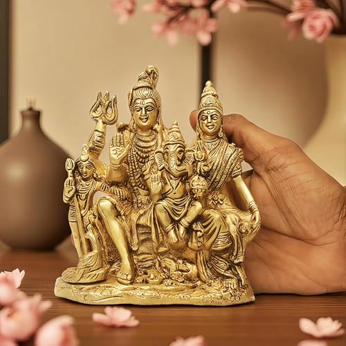 Image of SHANTI Brass Shiv Parivar Murti for Home Puja, Shiva Parvati Statue with Family, Idol for House Warming Gift & Decor (SF2677)